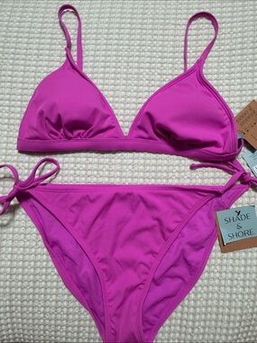 Shade & Shore Bright Pink Ribbed Triangle Bikini Set